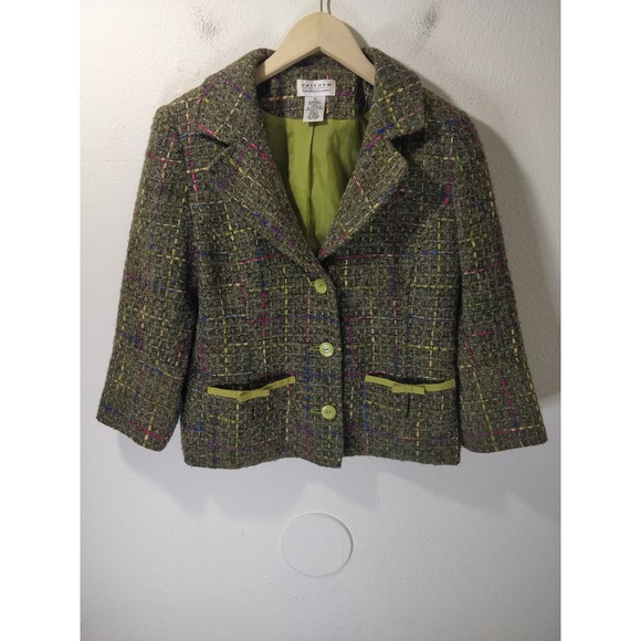 Uniform By John Paul Richard Green Tweed Acrylic Button Blazer Size 12 - Picture 1 of 9